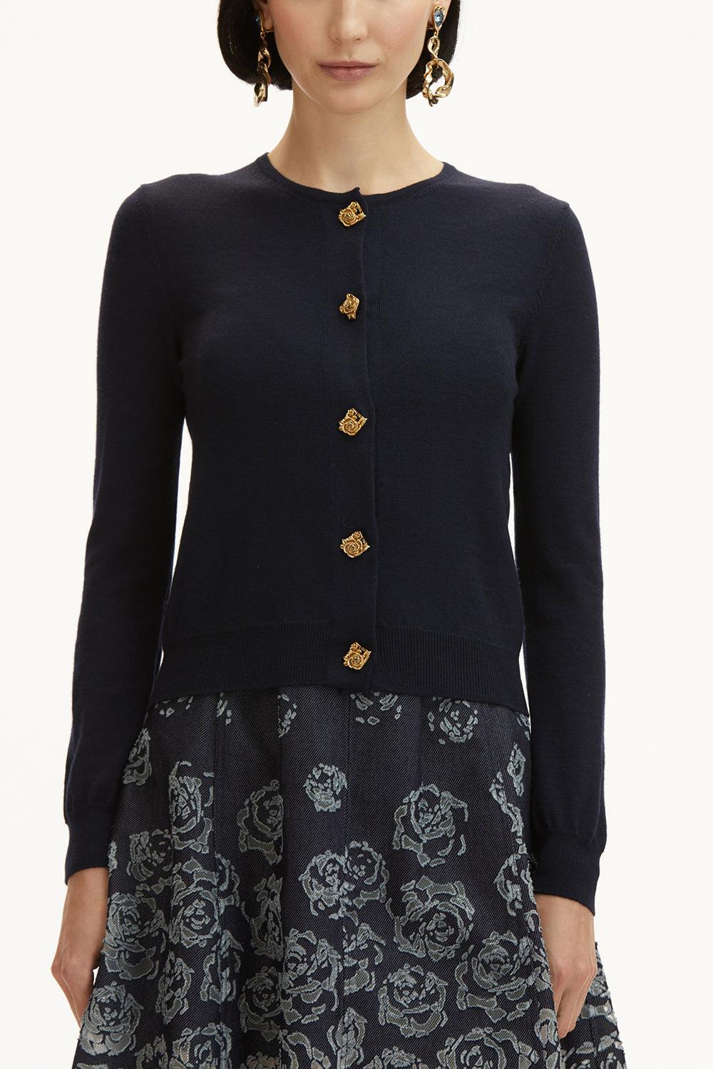 JEWEL BUTTON CARDIGAN-NAVY-XS-CLOTHINGTOPCARDIGAN-OSCAR DE LA RENTA
