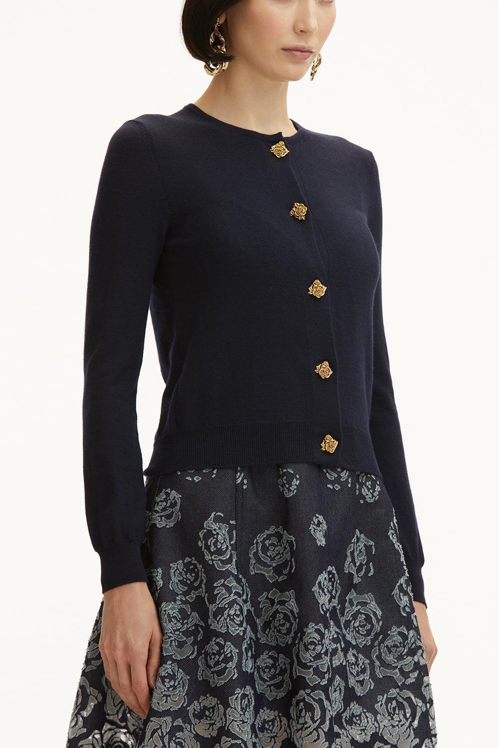 JEWEL BUTTON CARDIGAN-NAVY-XS-CLOTHINGTOPCARDIGAN-OSCAR DE LA RENTA