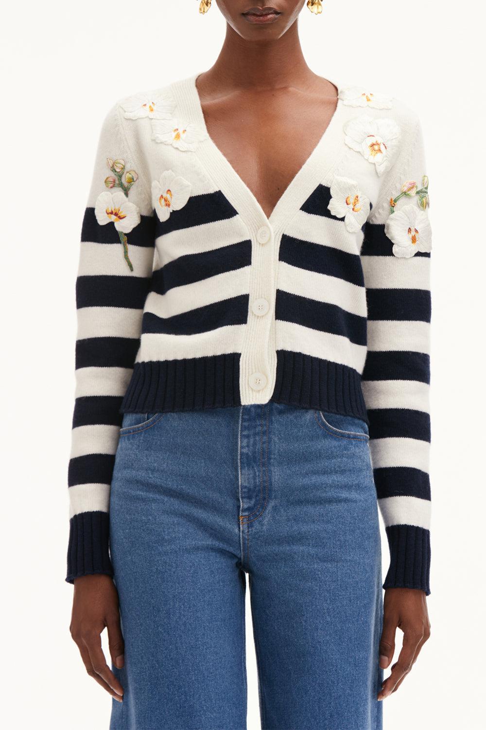 OSCAR DE LA RENTA-Orchid Threadwork Striped Cardigan-
