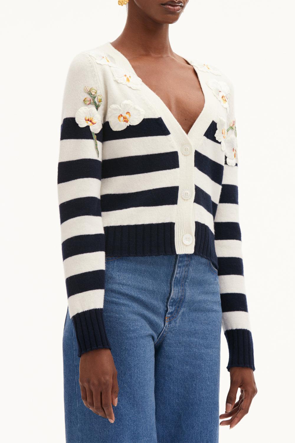 OSCAR DE LA RENTA-Orchid Threadwork Striped Cardigan-