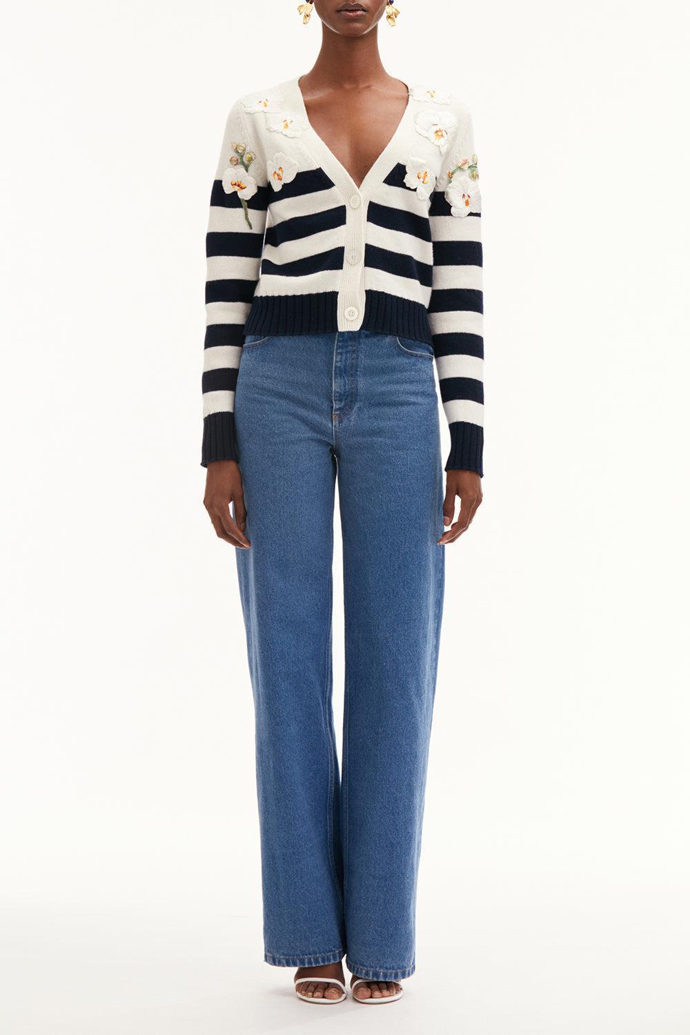 OSCAR DE LA RENTA-Orchid Threadwork Striped Cardigan-
