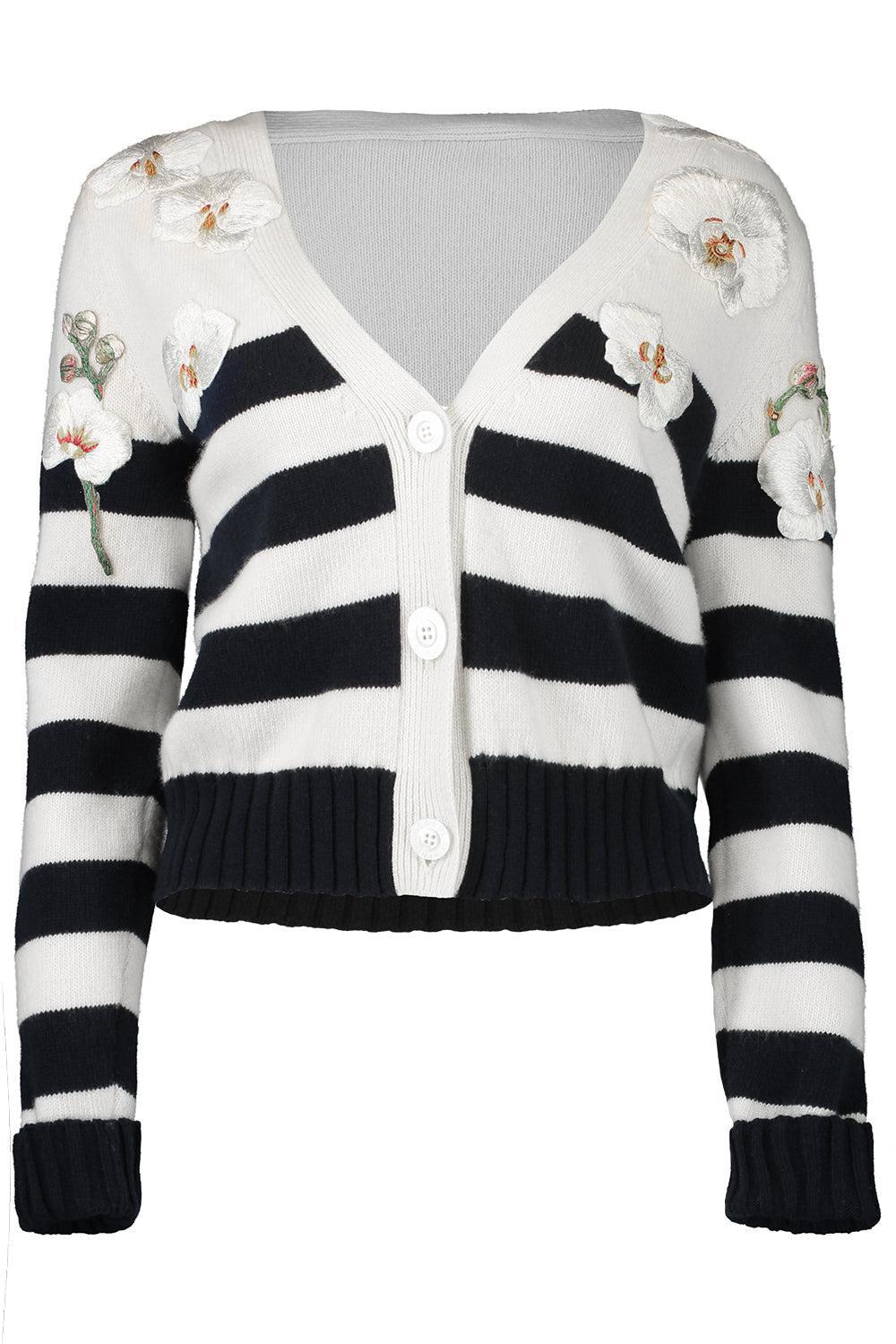 OSCAR DE LA RENTA-Orchid Threadwork Striped Cardigan-