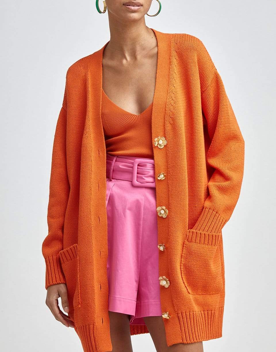OSCAR DE LA RENTA-Flower Button Persimmon Long Sleeve Cardigan-PERSIMMO