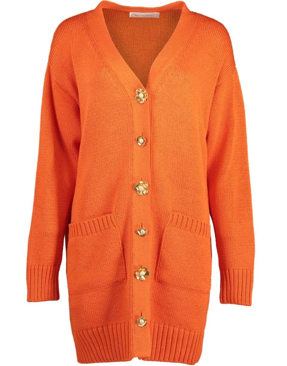 OSCAR DE LA RENTA-Flower Button Persimmon Long Sleeve Cardigan-PERSIMMO