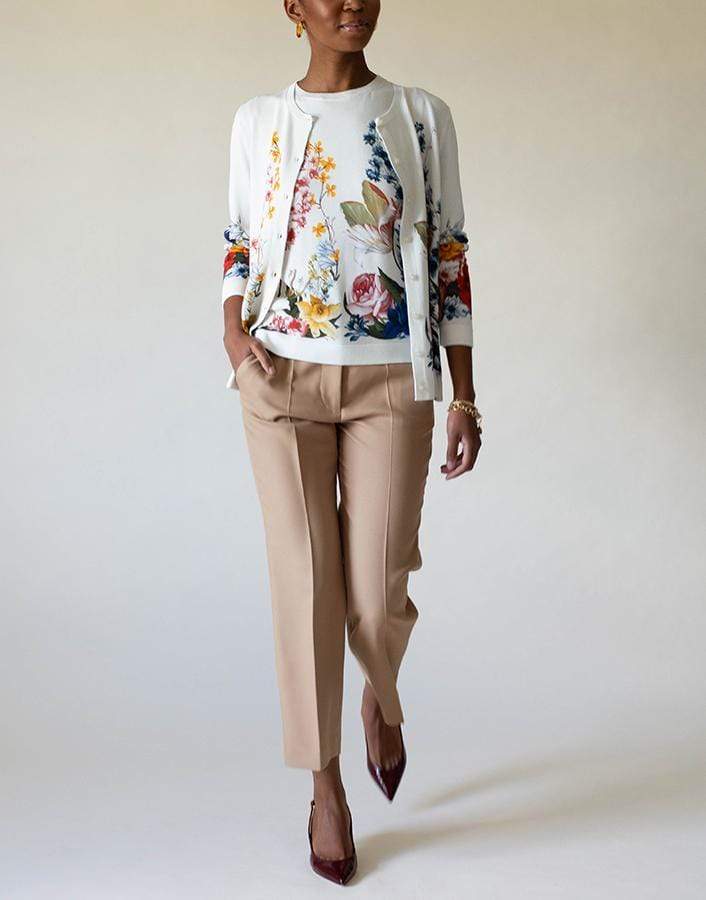 OSCAR DE LA RENTA-Long Sleeve Button Front Floral Cardigan-