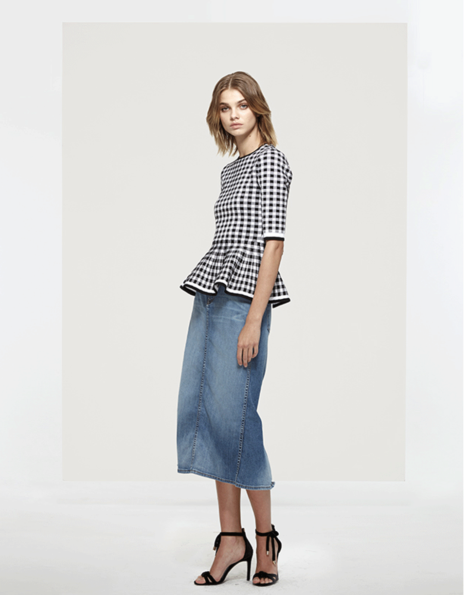 OSCAR DE LA RENTA-Peplum Gingham Knit Top-