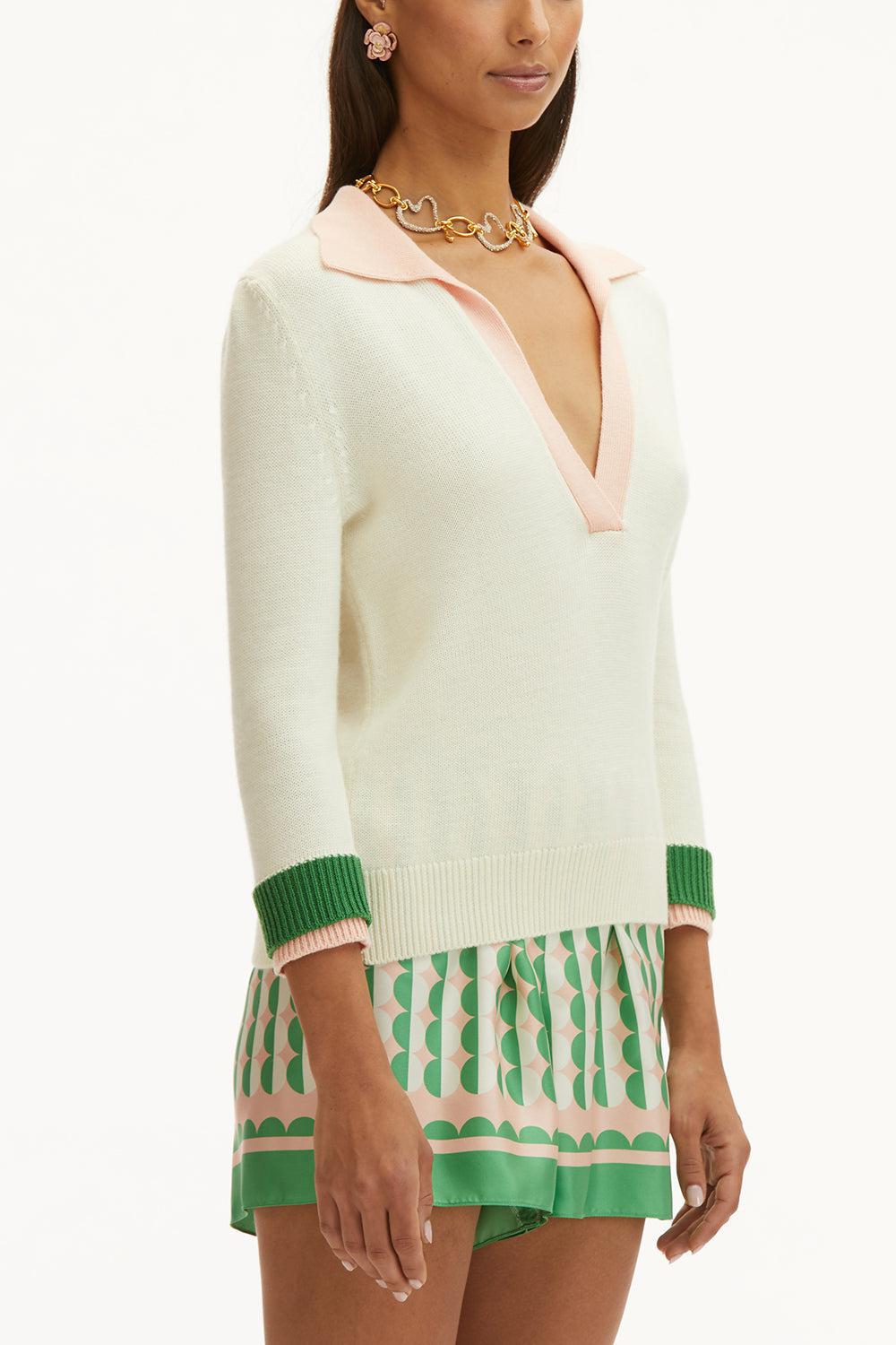 Colorblock Polo Pullover-IVRPKGRN-XS-CLOTHINGTOPKNITS-OSCAR DE LA RENTA