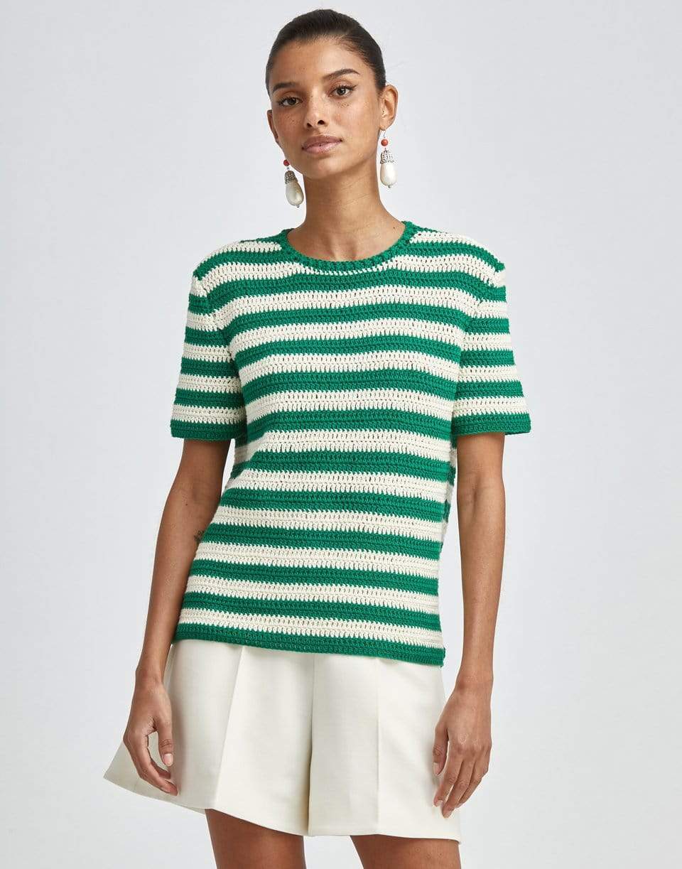 OSCAR DE LA RENTA-Striped Short Sleeve Knit Pullover Top-