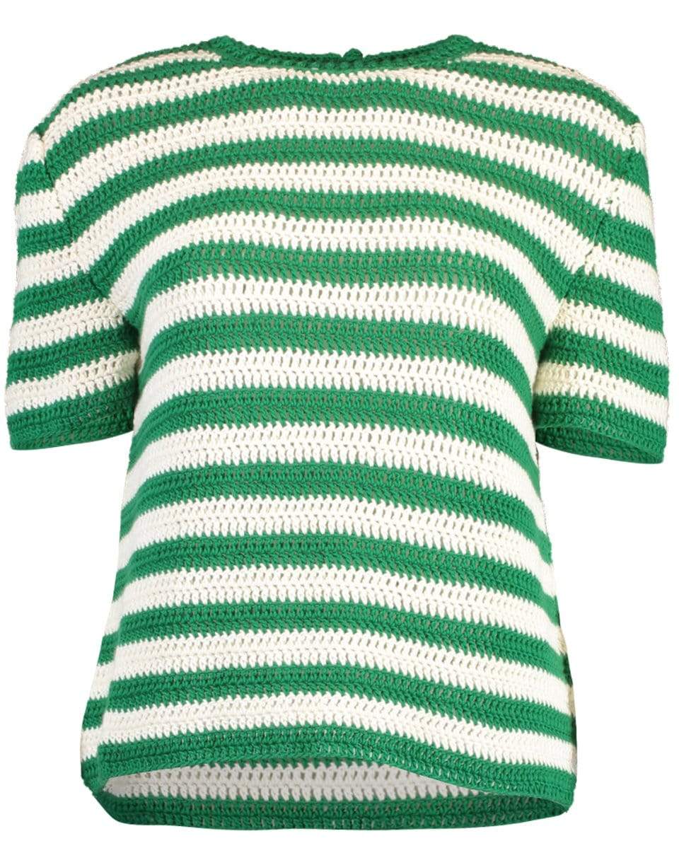 OSCAR DE LA RENTA-Striped Short Sleeve Knit Pullover Top-