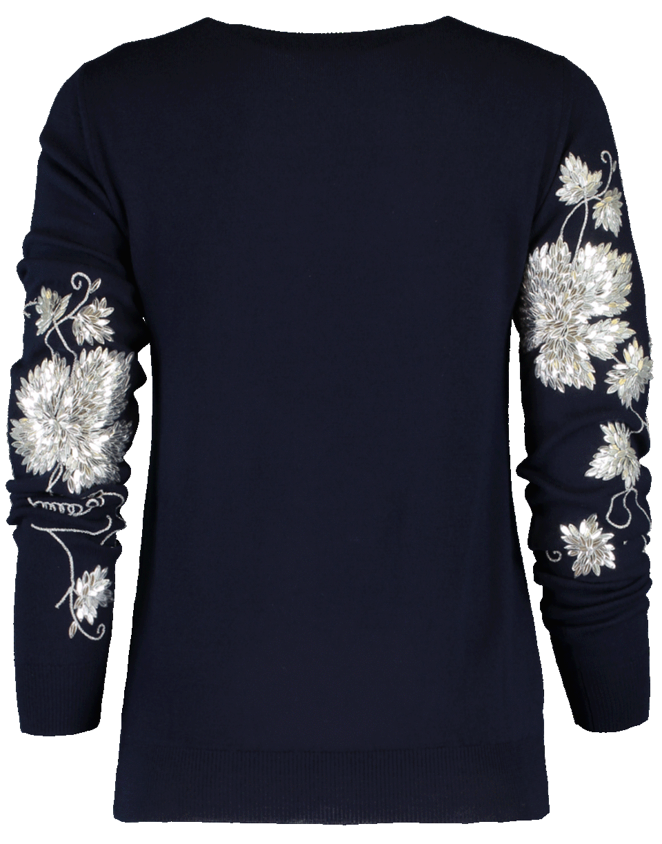 OSCAR DE LA RENTA-Silver Embroidery Crewneck Sweater-
