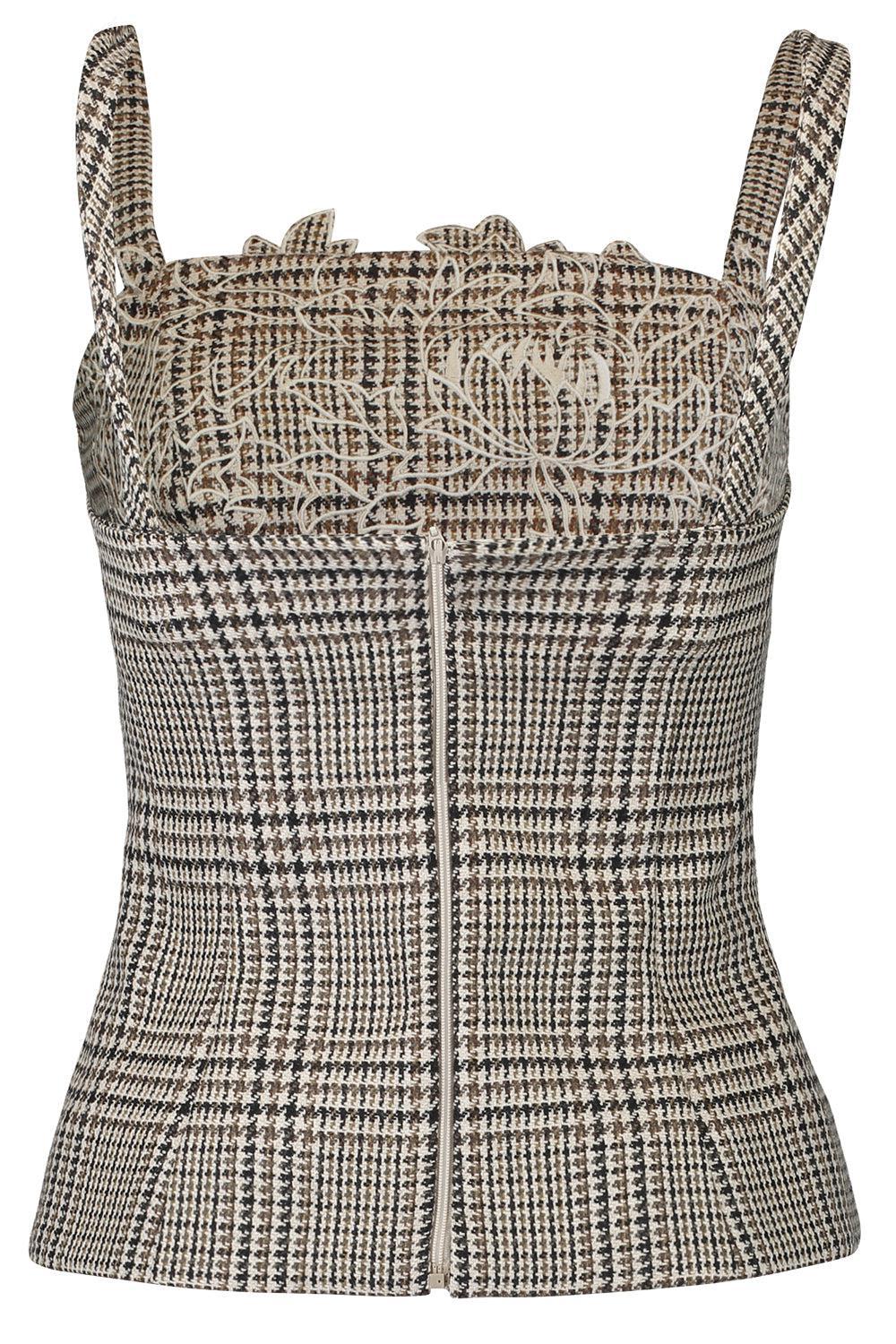 OSCAR DE LA RENTA-Peony Appliqué Plaid Tank-COCOAMLT