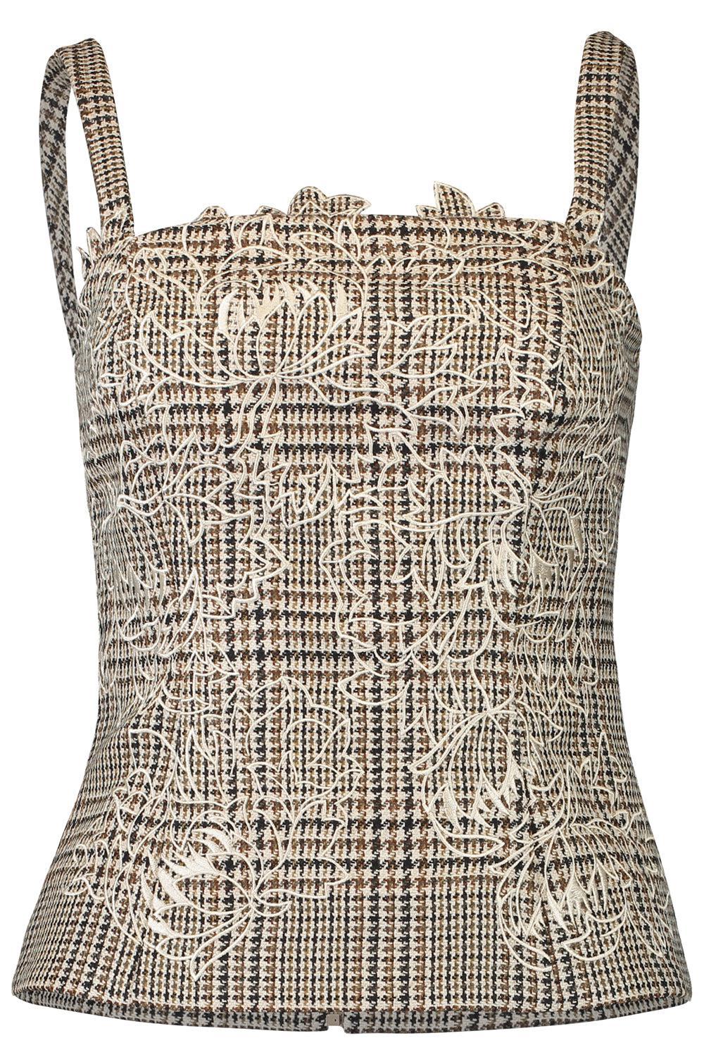 OSCAR DE LA RENTA-Peony Appliqué Plaid Tank-COCOAMLT