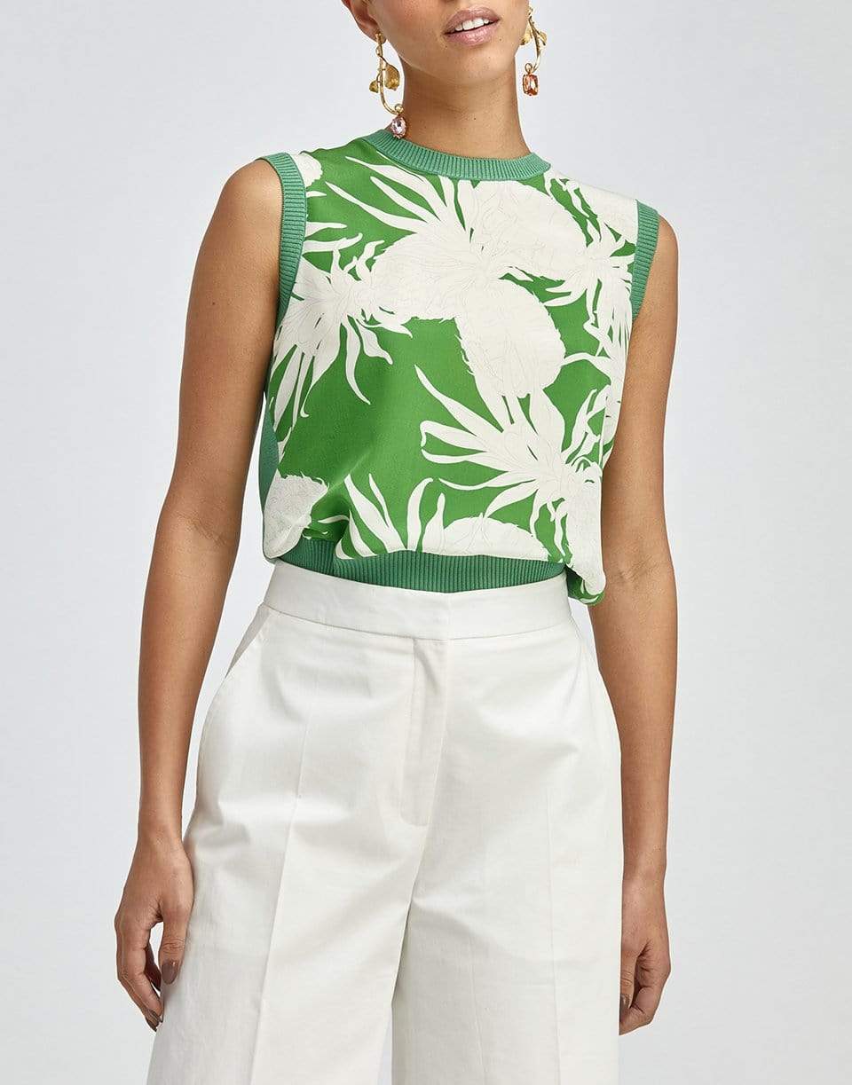 OSCAR DE LA RENTA-Kelly Green Palm Print Sleeveless Crewneck Top-