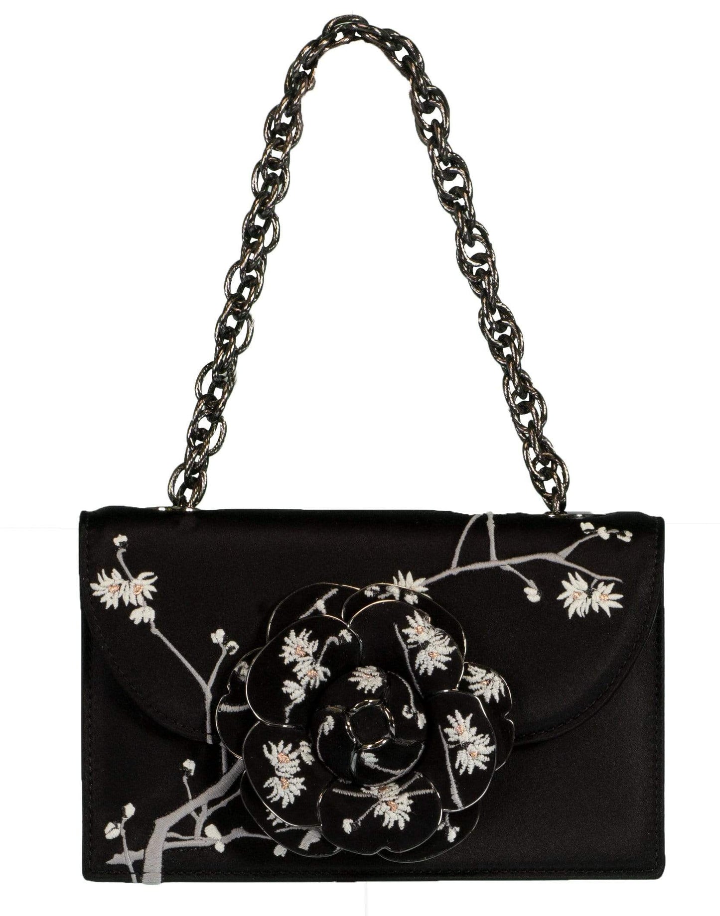 OSCAR DE LA RENTA-Embroidered Satin TRO Bag-BLACK