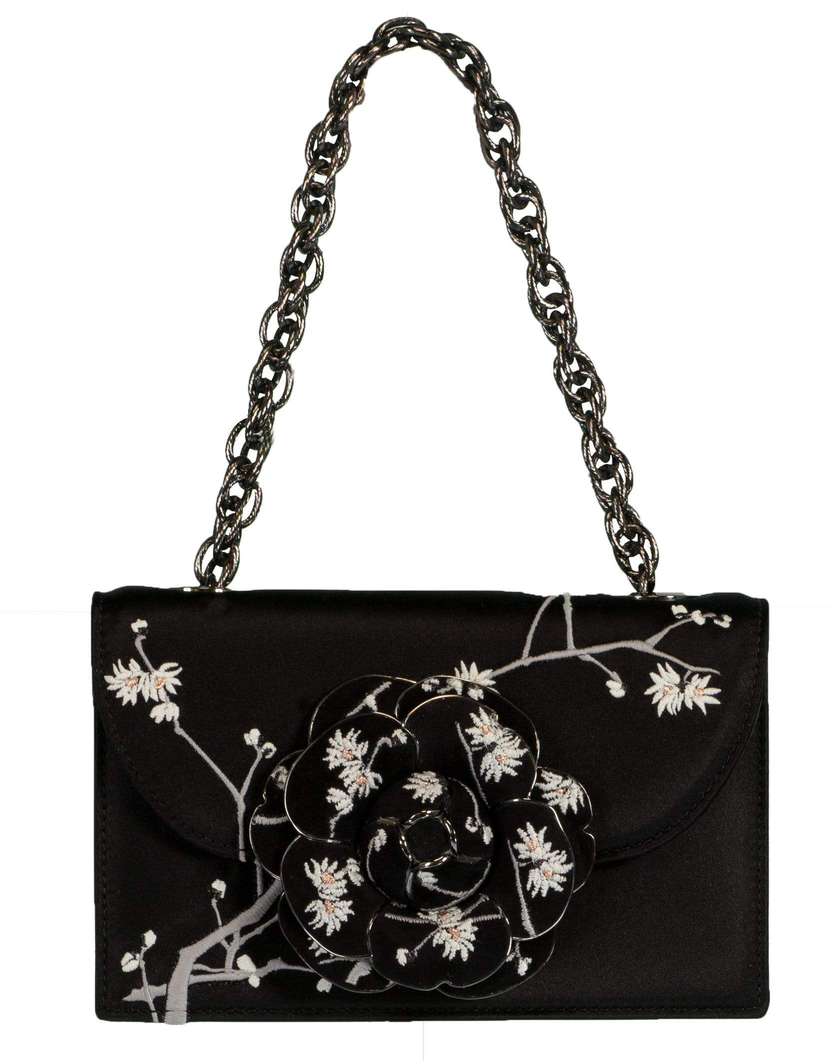 OSCAR DE LA RENTA-Embroidered Satin TRO Bag-BLACK