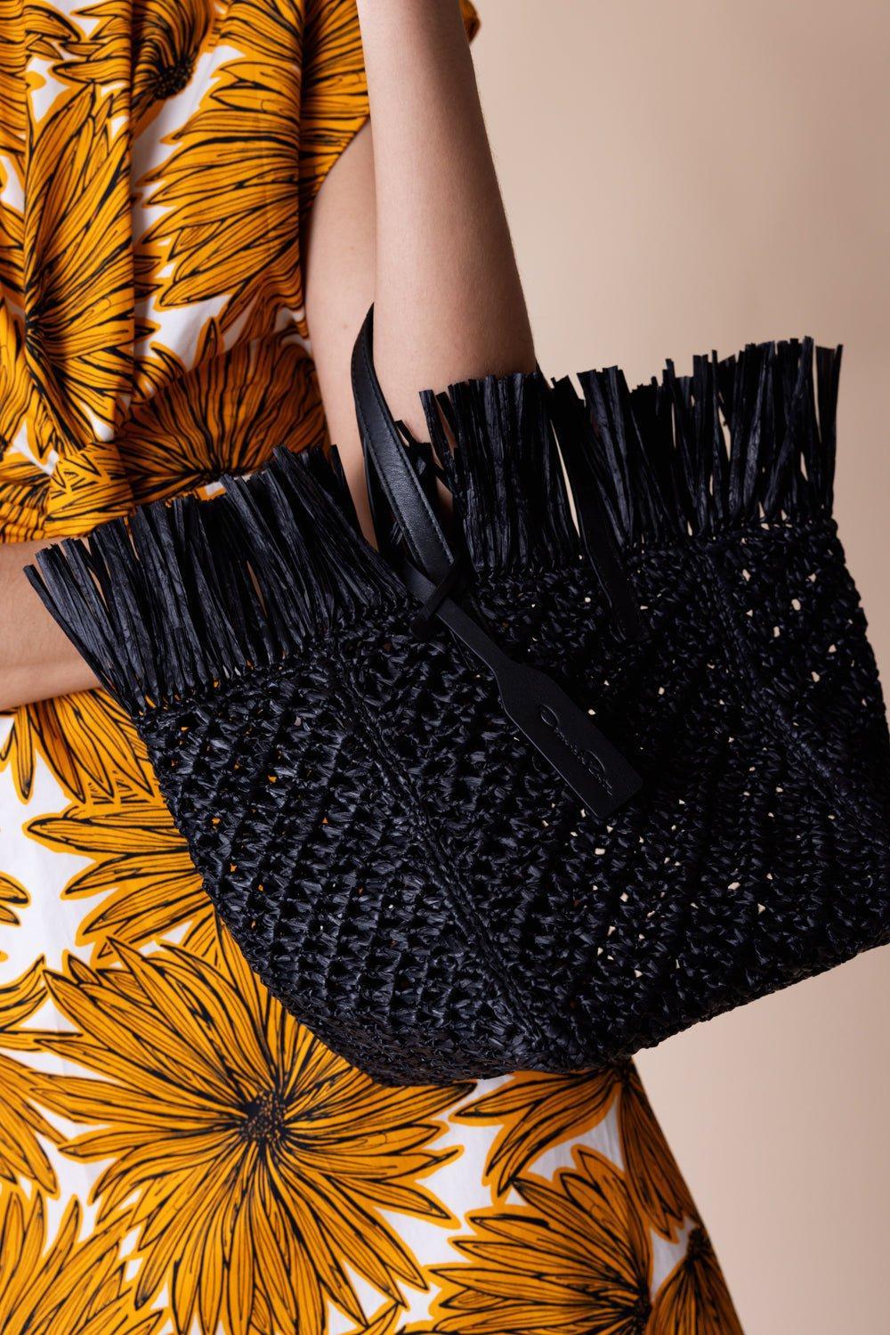 OSCAR DE LA RENTA-Raffia Square Tote - Black-BLACK