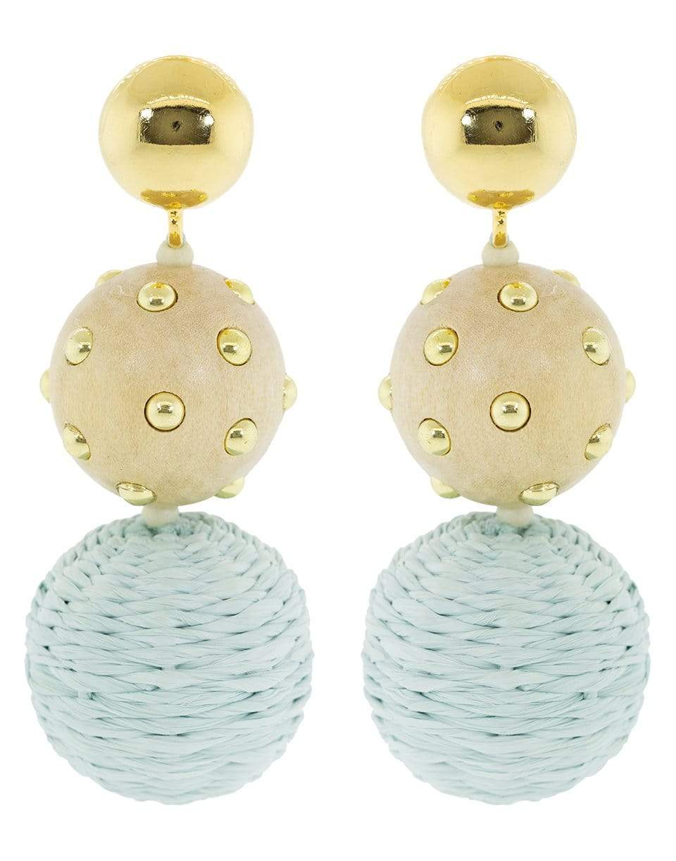 OSCAR DE LA RENTA-Blue Raffia and Wood Ball Earrings-AQUA