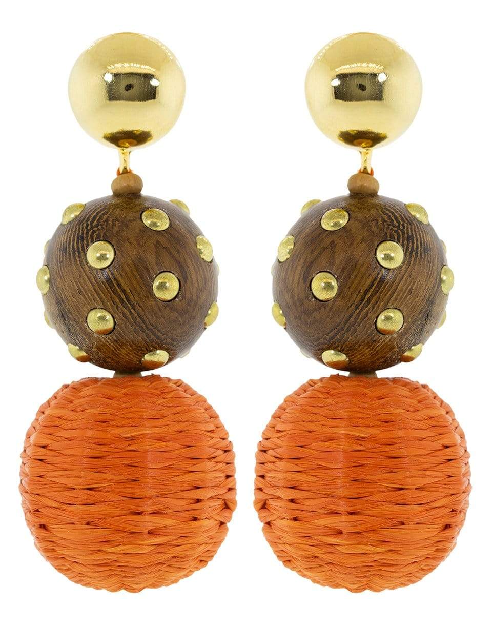OSCAR DE LA RENTA-Orange Raffia and Wood Ball Earrings-BURNTORG