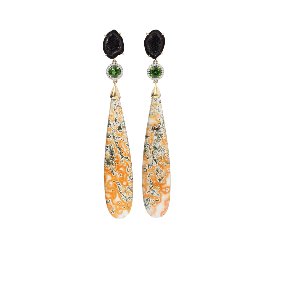 PAMELA HUIZENGA-Moss Agate And Geode Earrings-YELLOW GOLD