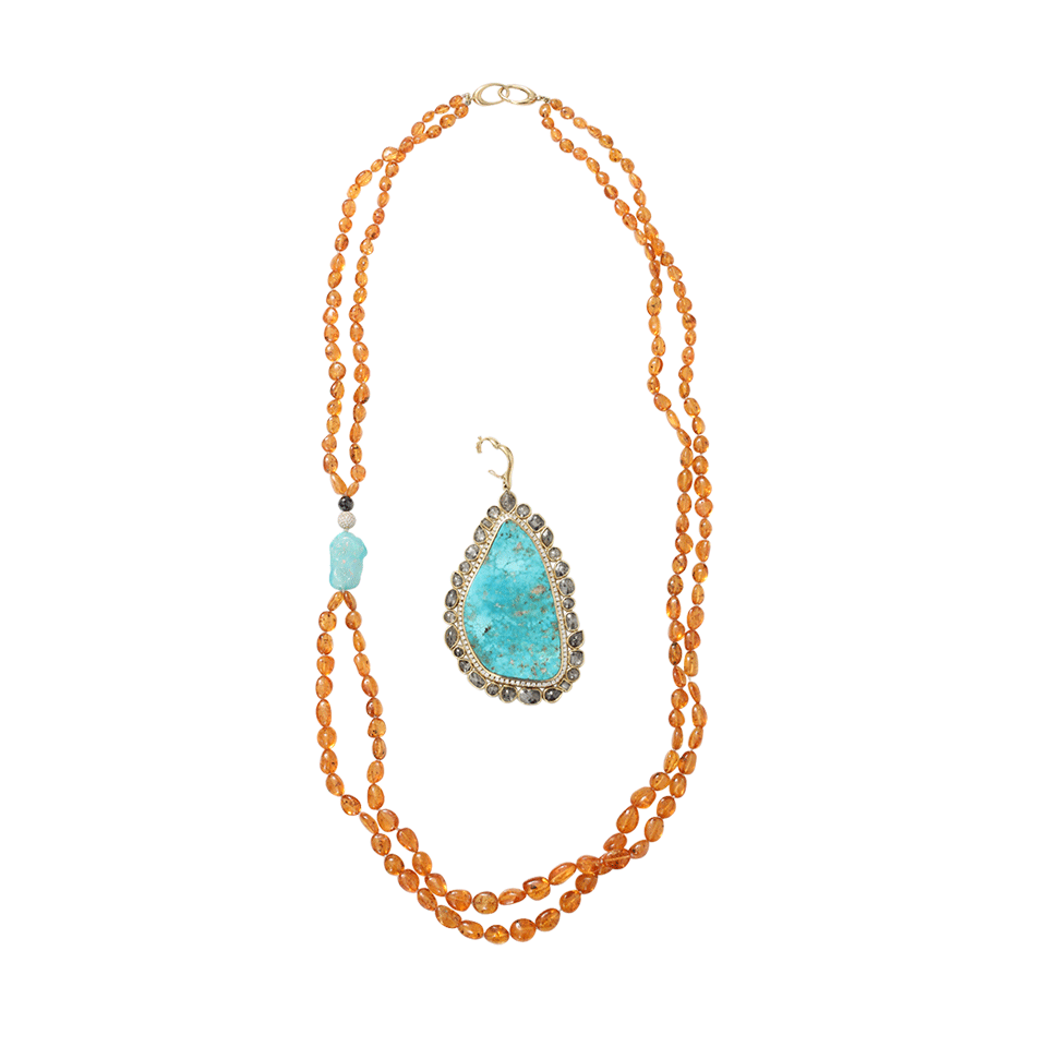 PAMELA HUIZENGA-Turquoise Pendant With Garnet Nugget Chain-YELLOW GOLD