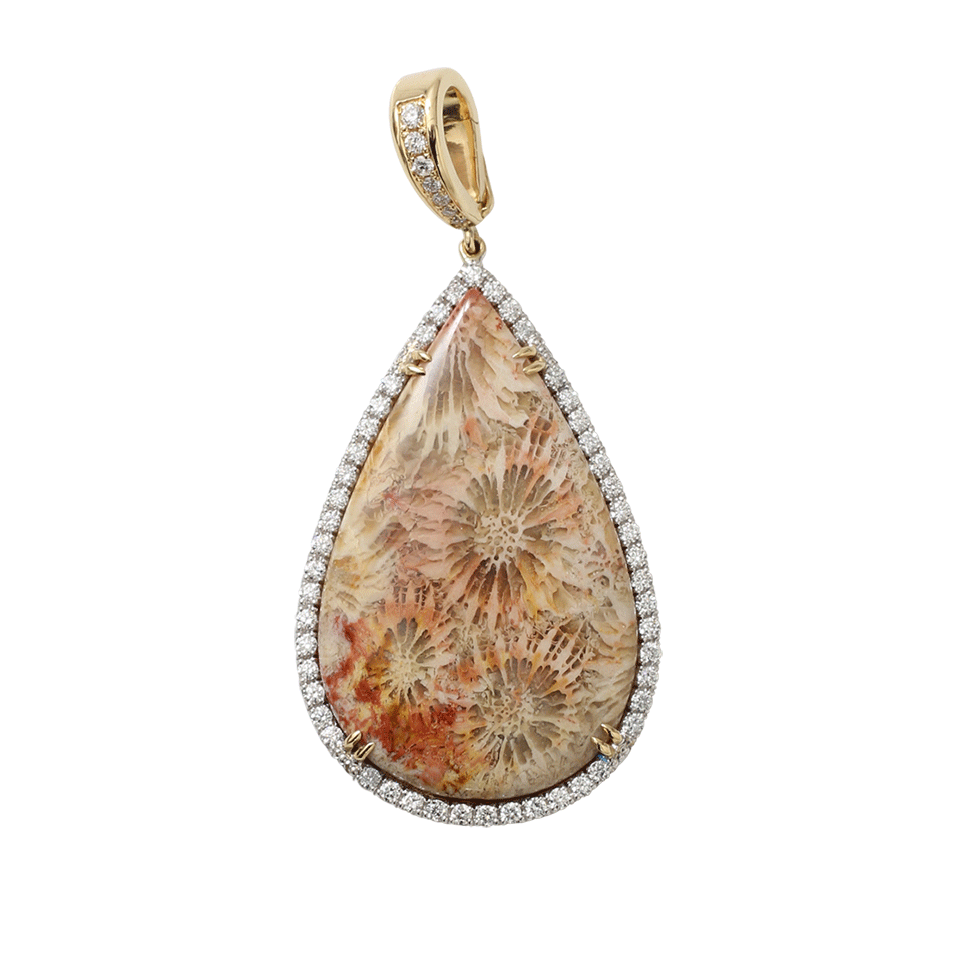 PAMELA HUIZENGA-Agatized Coral Teardrop Pendant-YELLOW GOLD