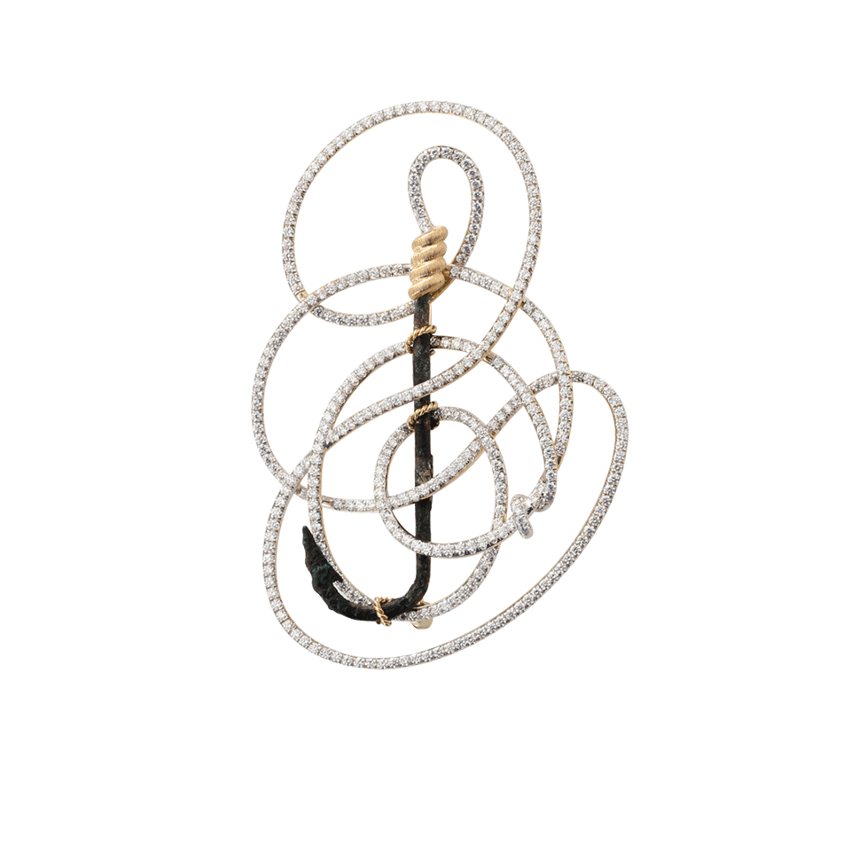 PAMELA HUIZENGA-Diamond Fishing Hook And Line Brooch-YELLOW GOLD