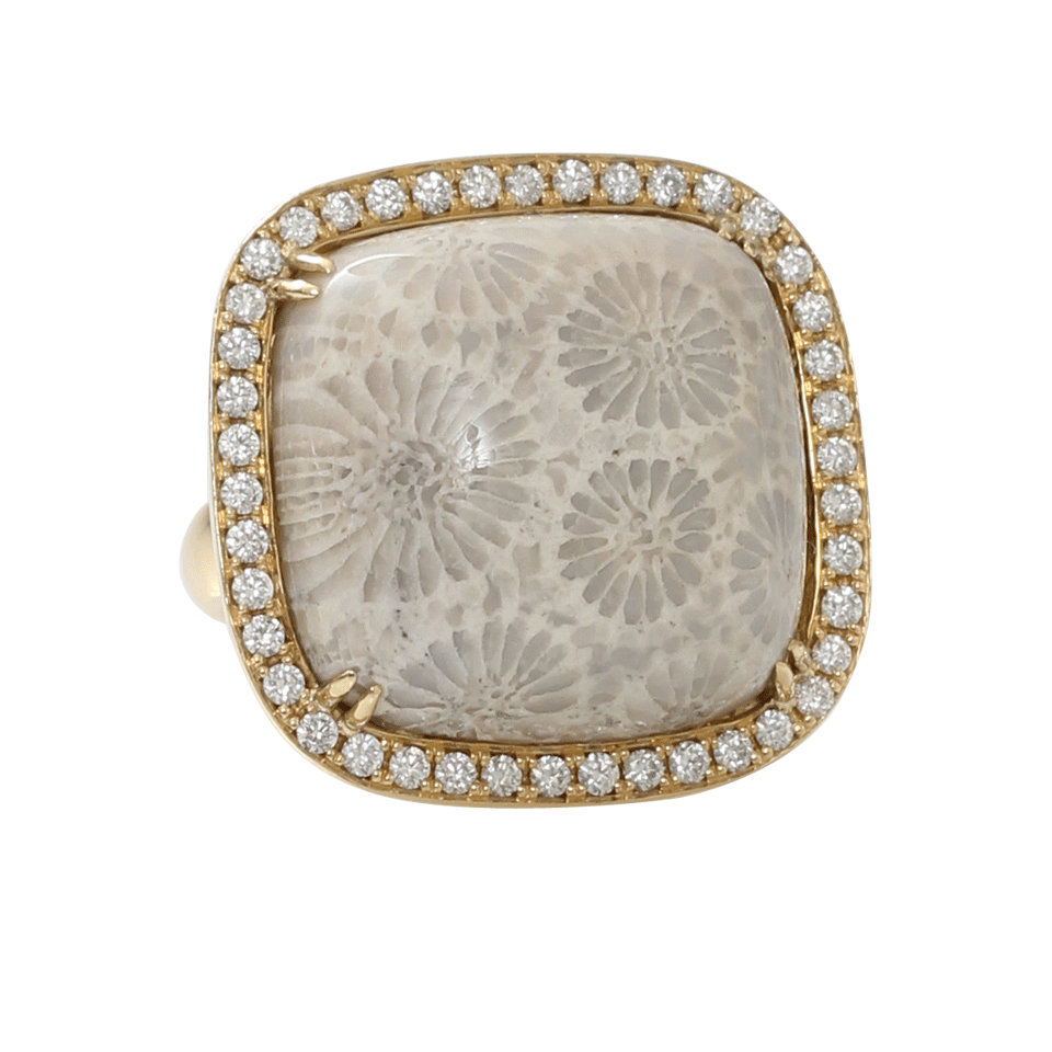 PAMELA HUIZENGA-Agatized Coral Square Ring-YELLOW GOLD