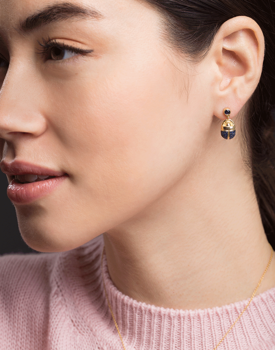 PAMELA LOVE-Pave Blue Sapphire Scarab Drop Earrings-YELLOW GOLD