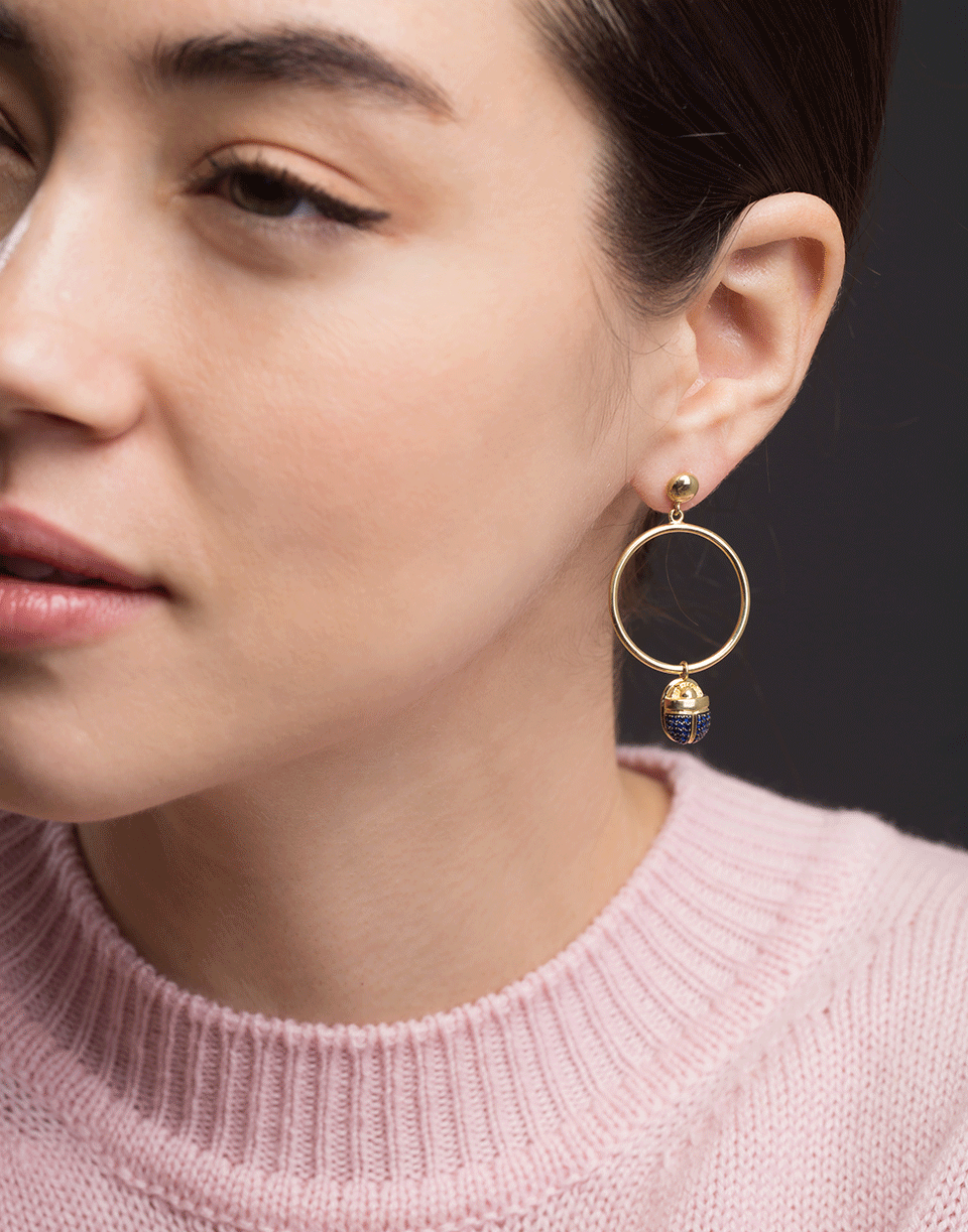 PAMELA LOVE-Pave Blue Sapphire Scarab Hoop Earrings-YELLOW GOLD