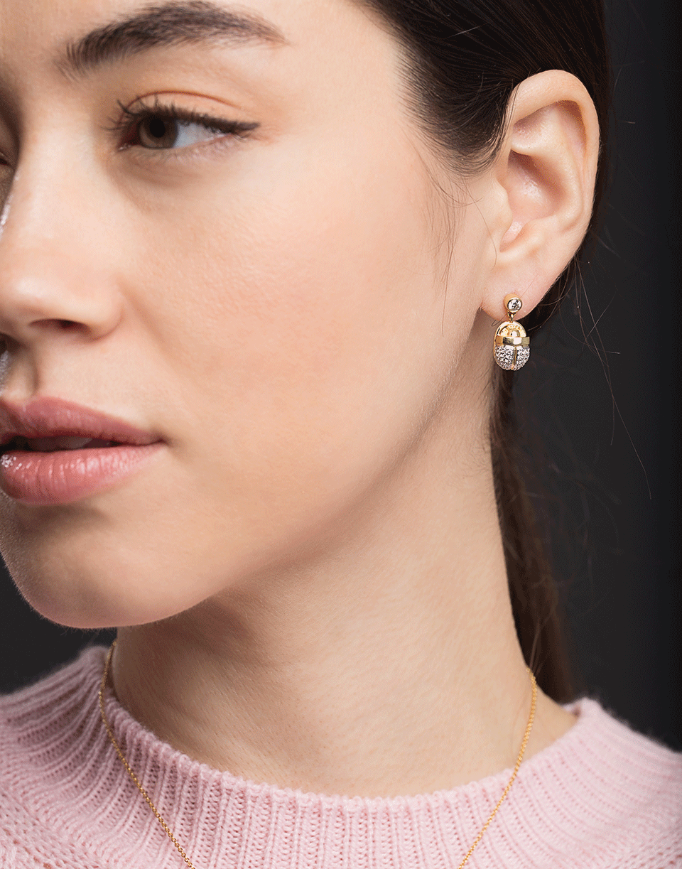 PAMELA LOVE-Pave White Diamond Scarab Drop Earrings-YELLOW GOLD