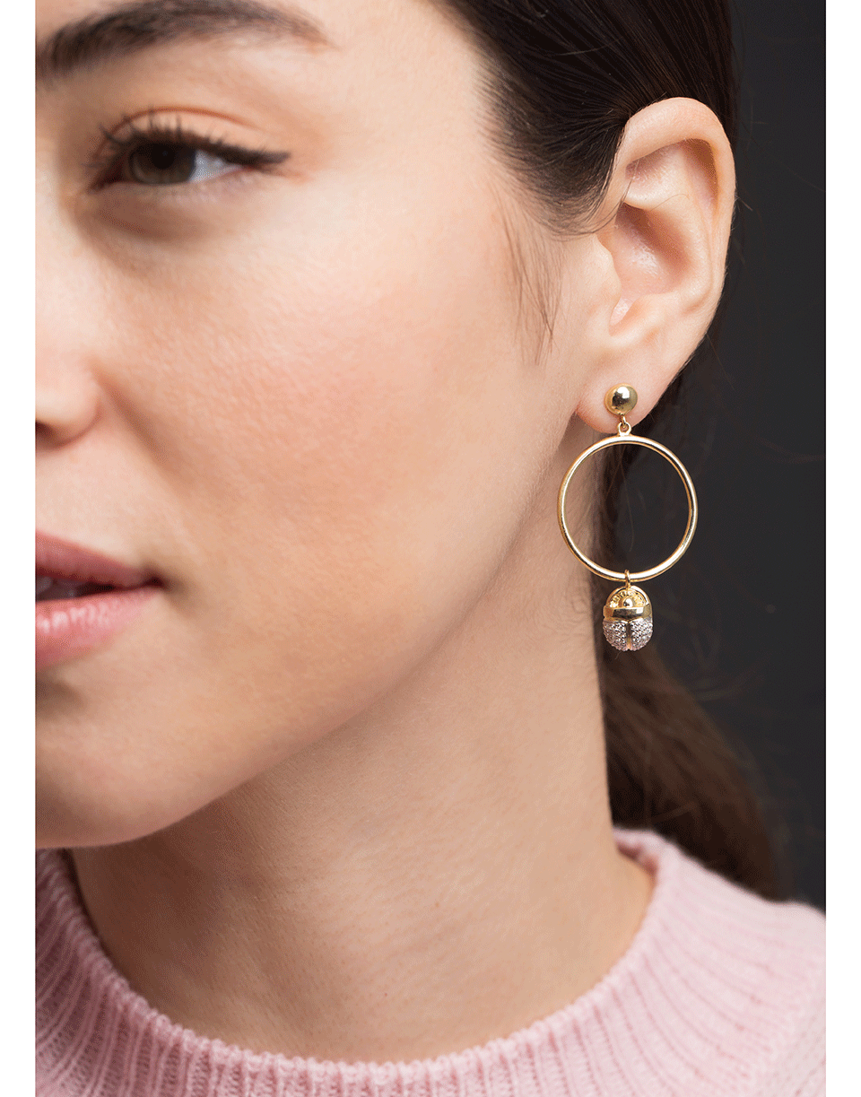 PAMELA LOVE-Pave White Diamond Scarab Hoop Earrings-YELLOW GOLD
