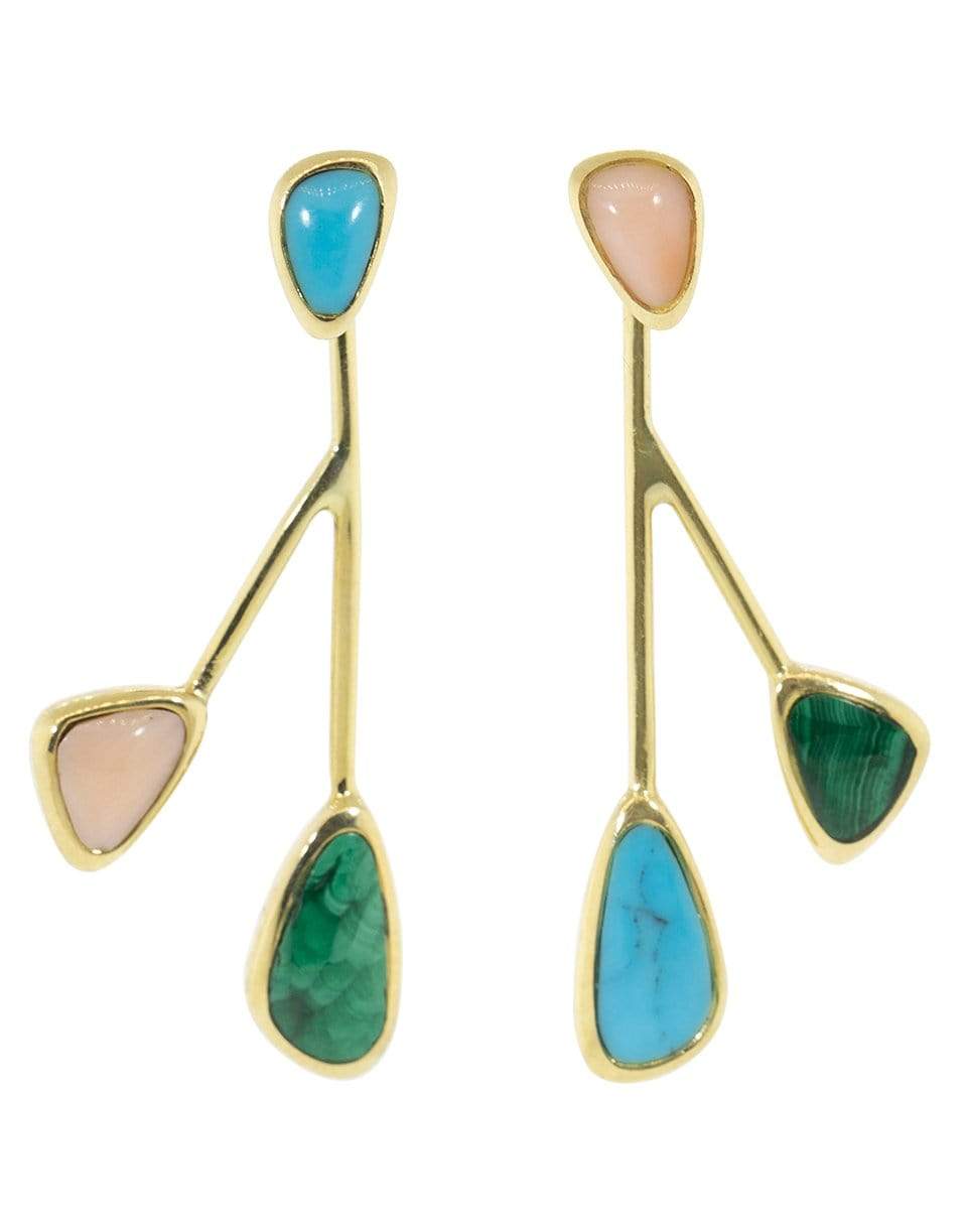 PAMELA LOVE-Pink Opal, Turquoise and Malachite Satellite Earrings-YELLOW GOLD