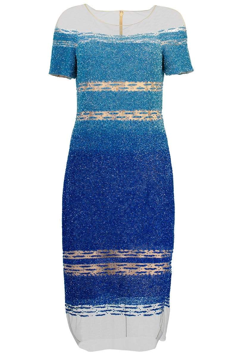 PAMELLA ROLAND-Signature Sequin Cocktail Dress - Aqua Cobalt-