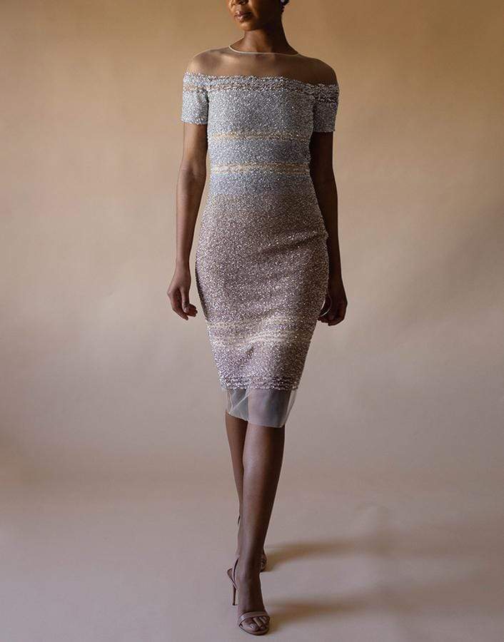 PAMELLA ROLAND-Silver and Gold Ombre Sequin Embroidered Cocktail Dress-