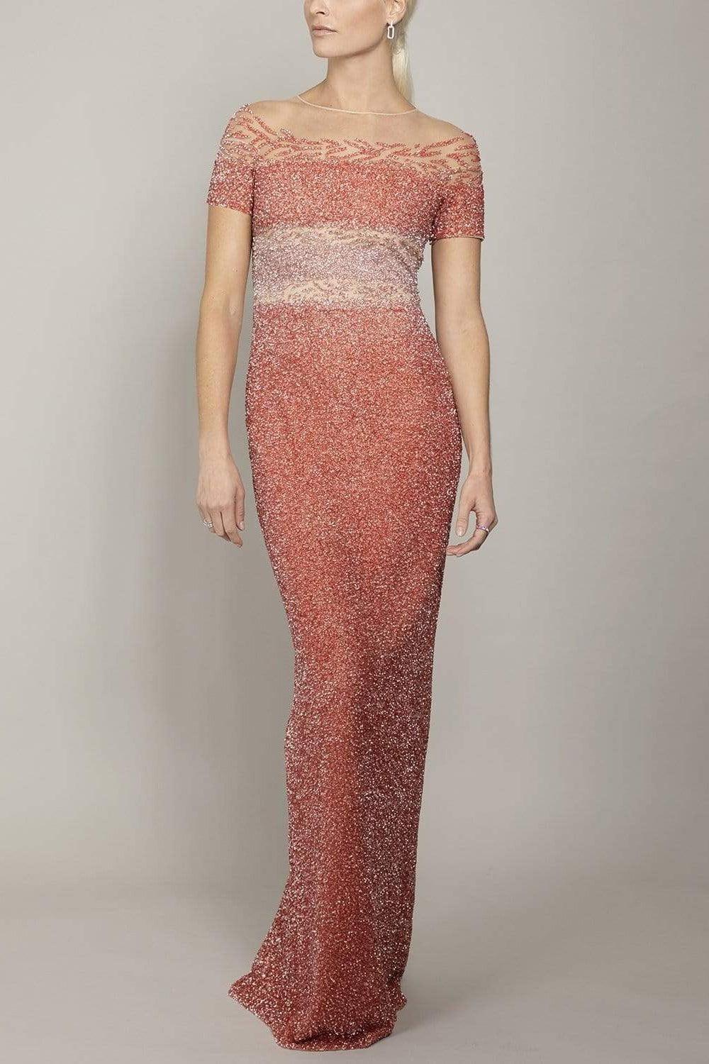 PAMELLA ROLAND-Coral Ombre Sequin Embroidered Gown-