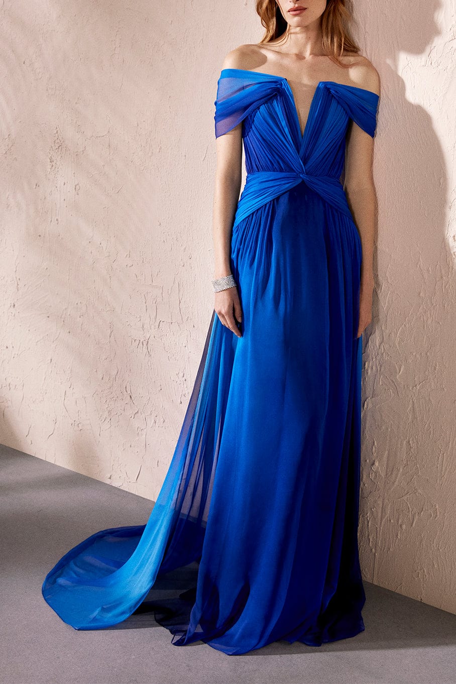 PAMELLA ROLAND-Off The Shoulder Pleated Ombre Gown-