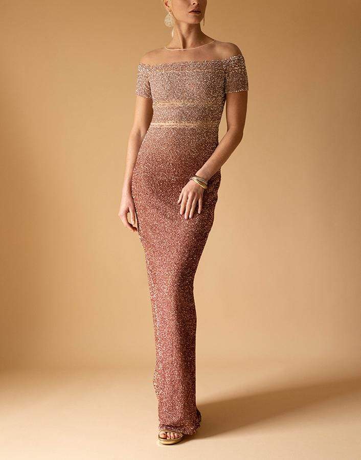 PAMELLA ROLAND-Copper Ombre Sequin Embroidered Gown-