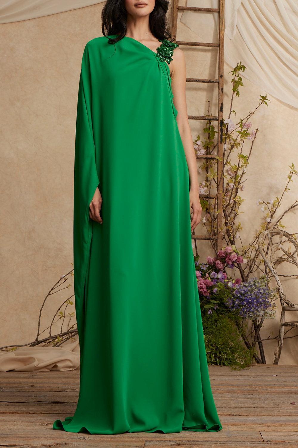 One Shoulder Embellished Caftan-EMERALD-6-CLOTHINGDRESSGOWN-PAMELLA ROLAND
