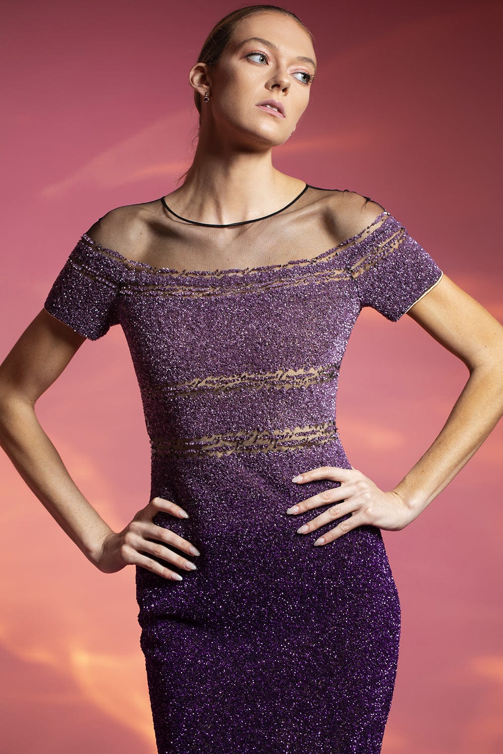 PAMELLA ROLAND-Lavender Ombre Signature Sequin Gown-
