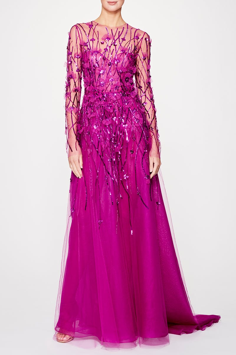 PAMELLA ROLAND-Tulle Sequin Floral Gown-