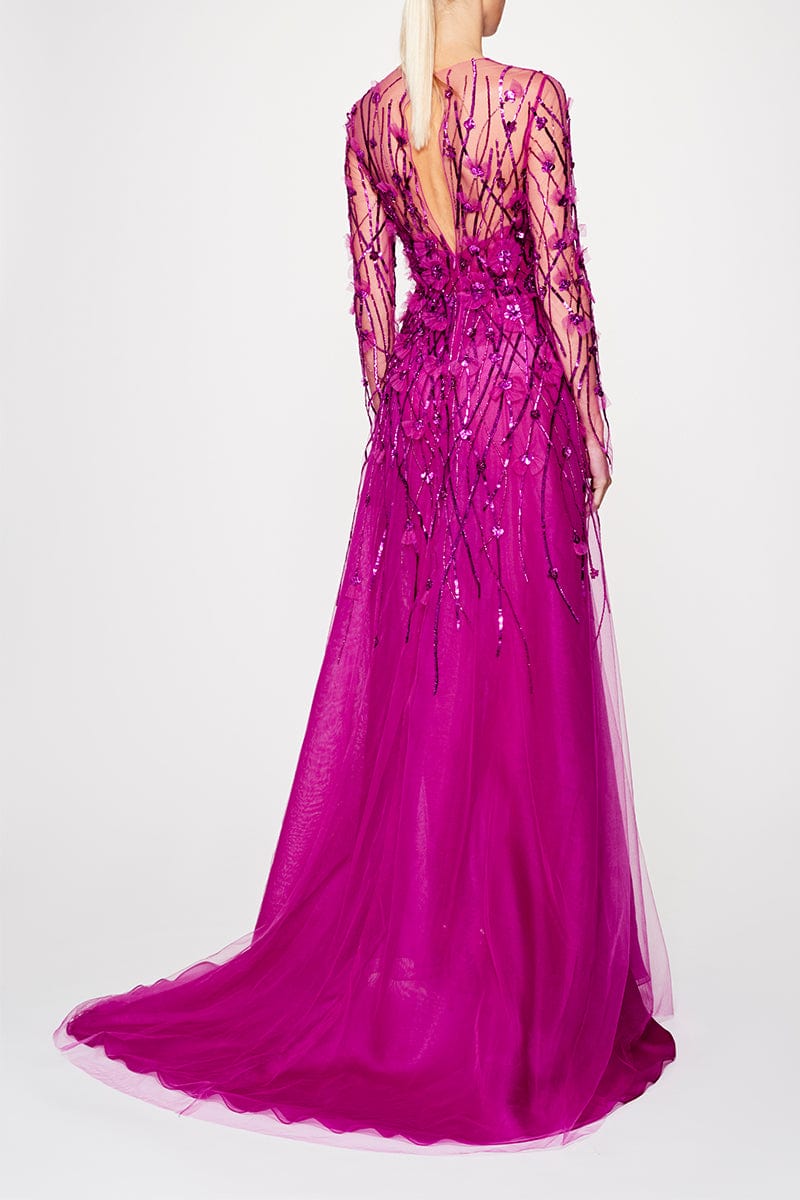 PAMELLA ROLAND-Tulle Sequin Floral Gown-