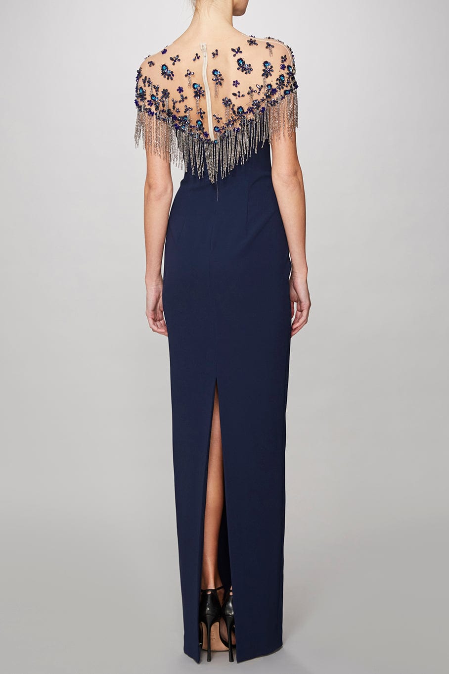 PAMELLA ROLAND-Embroidery Gown With Beaded Fringe-