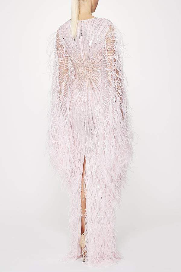 PAMELLA ROLAND-Caped Gown With Sequins And Feathers-PEONY PINK