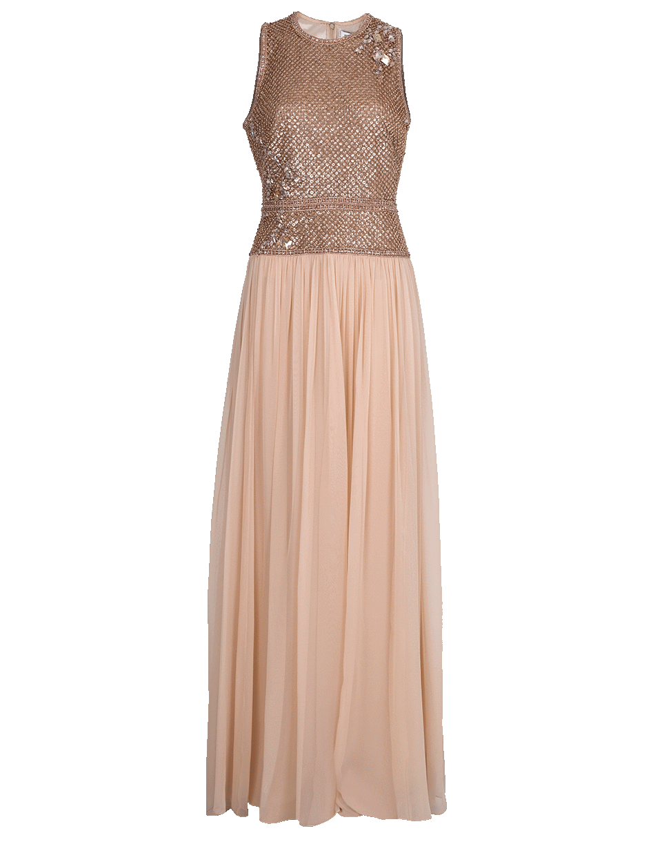PAMELLA ROLAND-Chiffon Crystal Embroidered Gown-ROSE GOLD