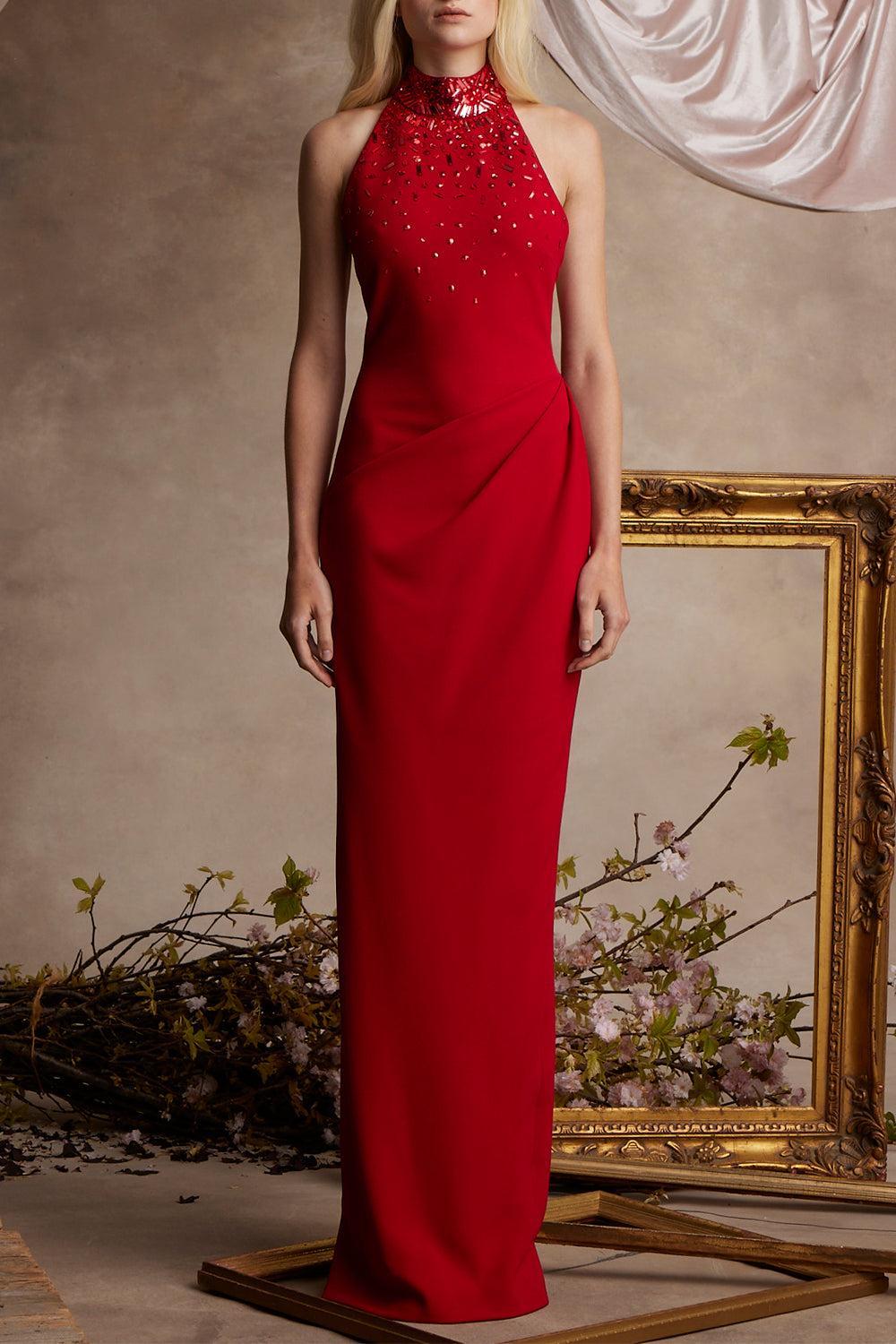 Embellished Haltneck Gown-SCARLET-4-CLOTHINGDRESSGOWN-PAMELLA ROLAND