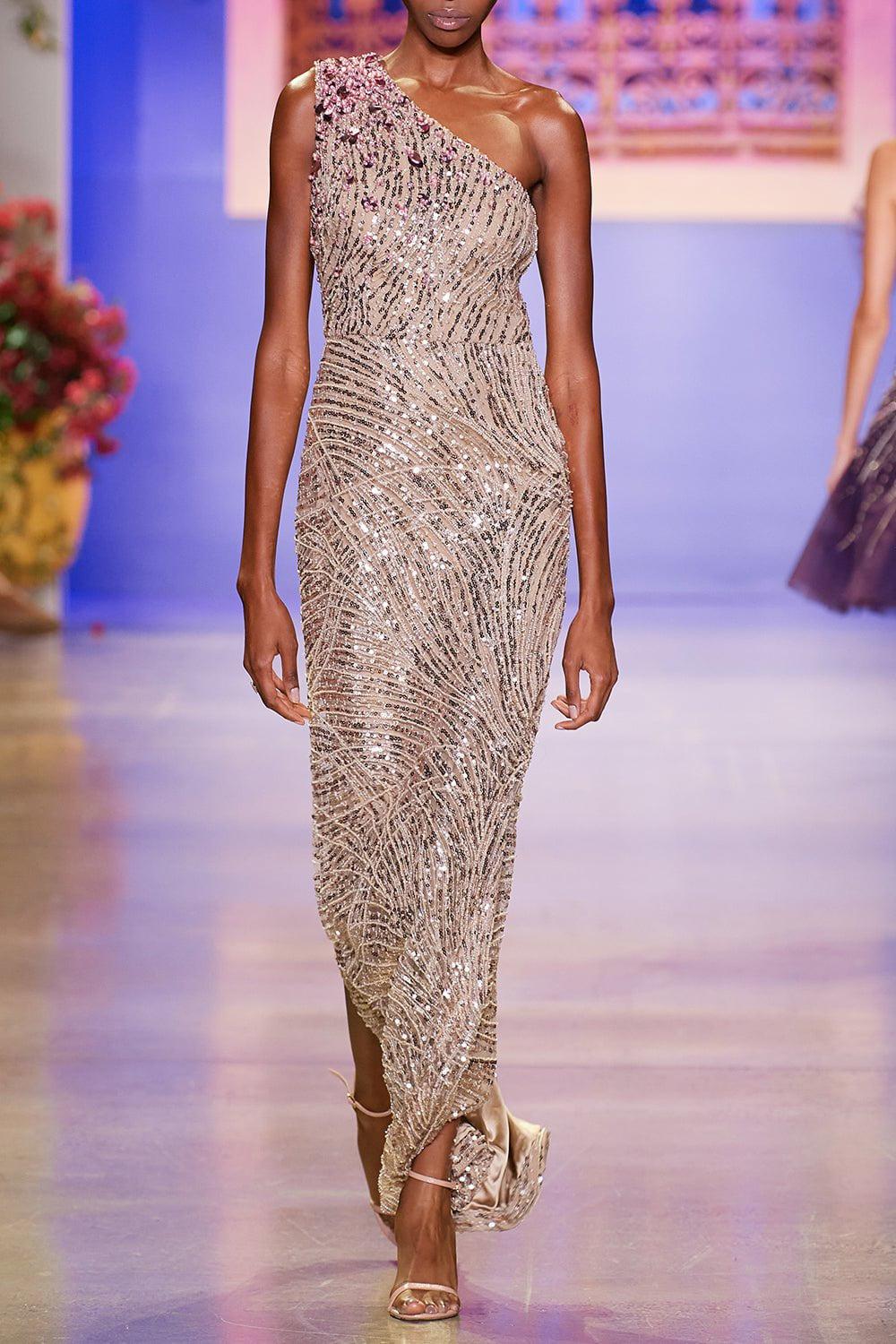 PAMELLA ROLAND-One Shoulder Gown - Taupe-