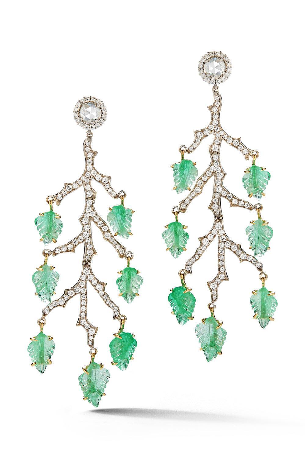 Diamond Emerald Leaf Enchanted Forest Earrings-WHITE GOLD-JEWELRYFINE JEWELEARRING-PARULINA