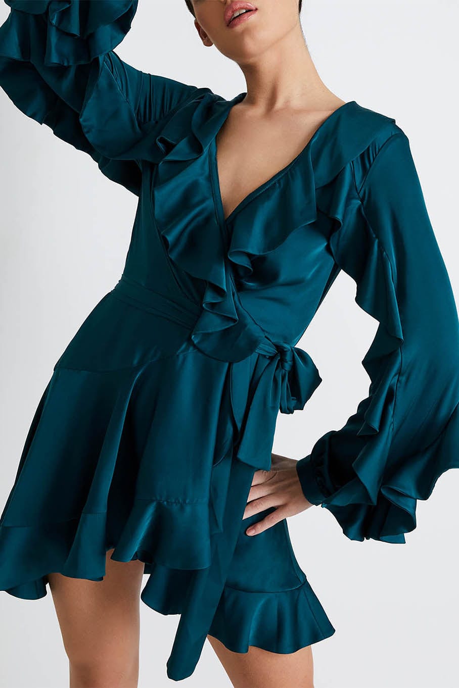 PATBO-Ruffle Sleeve Mini Wrap Dress-