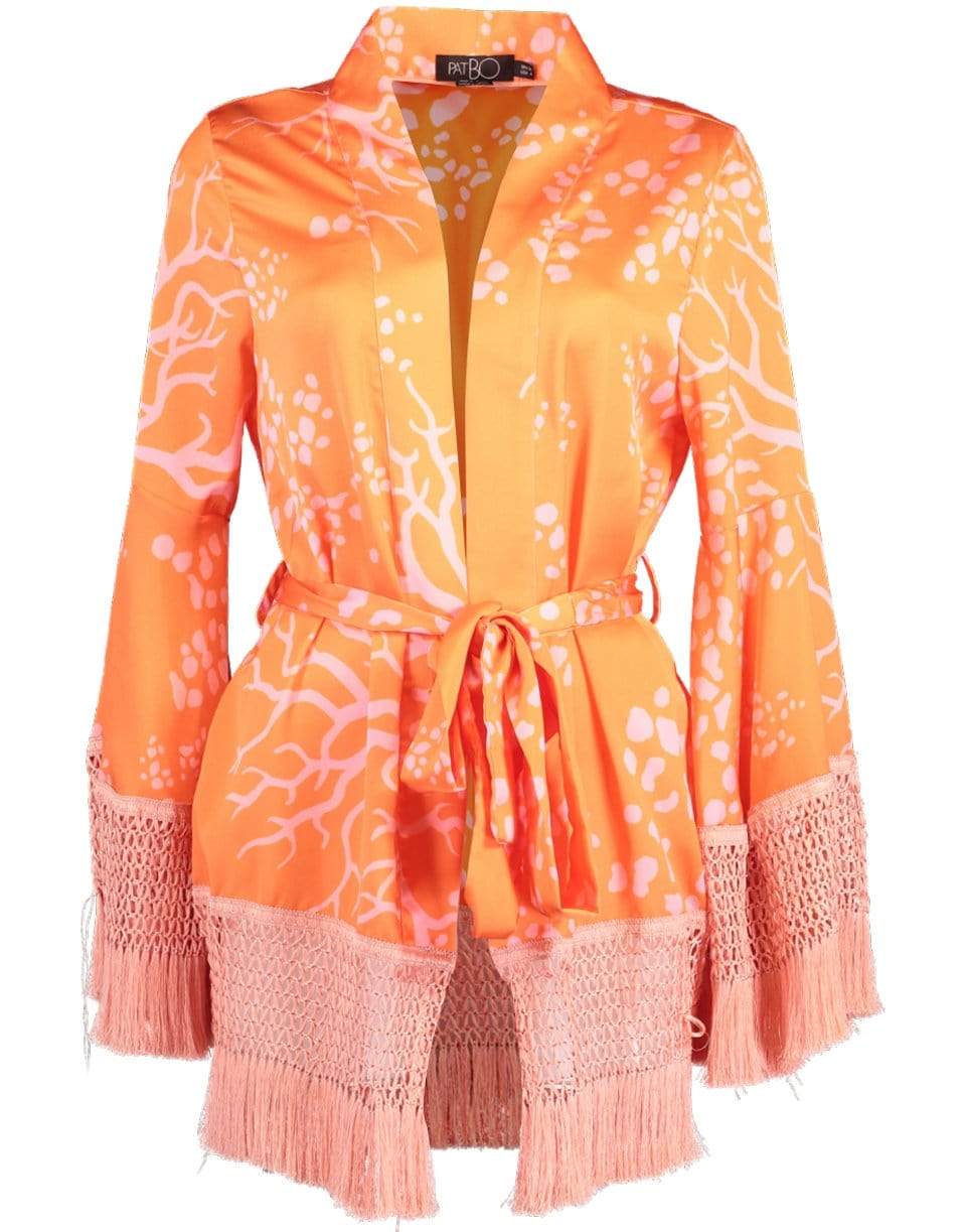 PATBO-Coral Print Fringe Trim Kimono-