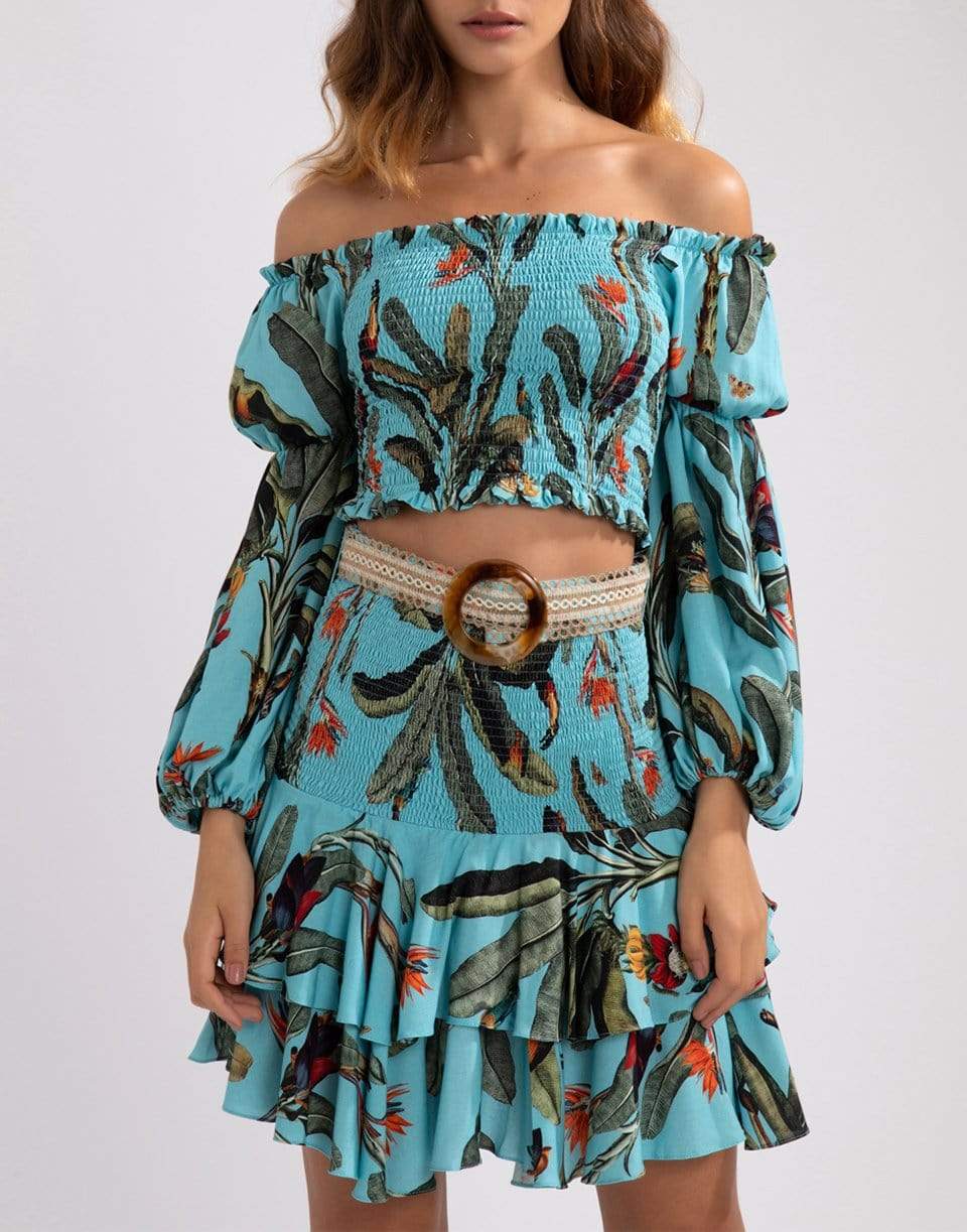PATBO-Tropical Print Shirred Mini Skirt-